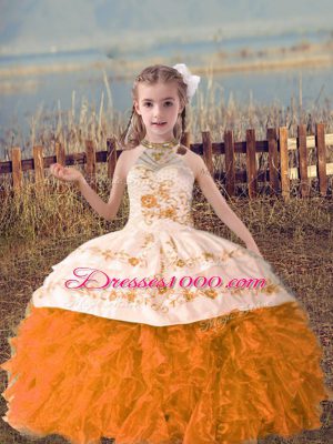 Orange Red Organza Lace Up Child Pageant Dress Sleeveless Floor Length Beading and Embroidery and Ruffles