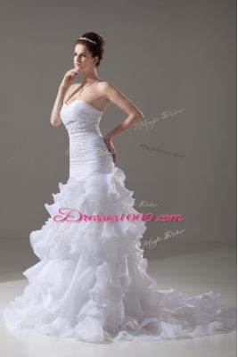 Charming White Mermaid Organza Sweetheart Sleeveless Beading and Ruffled Layers Lace Up Wedding Gowns Brush Train