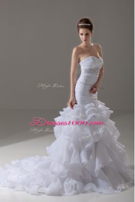 Charming White Mermaid Organza Sweetheart Sleeveless Beading and Ruffled Layers Lace Up Wedding Gowns Brush Train