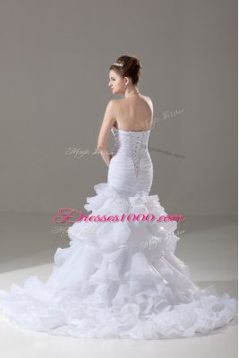 Charming White Mermaid Organza Sweetheart Sleeveless Beading and Ruffled Layers Lace Up Wedding Gowns Brush Train