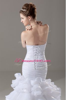 Charming White Mermaid Organza Sweetheart Sleeveless Beading and Ruffled Layers Lace Up Wedding Gowns Brush Train