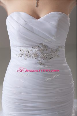 Charming White Mermaid Organza Sweetheart Sleeveless Beading and Ruffled Layers Lace Up Wedding Gowns Brush Train