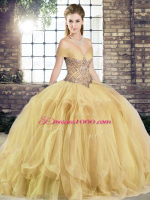 Gold Quinceanera Gown Military Ball and Sweet 16 and Quinceanera with Beading and Ruffles Off The Shoulder Sleeveless Lace Up