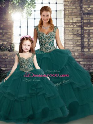 Floor Length Peacock Green Sweet 16 Dresses Tulle Sleeveless Beading and Ruffles