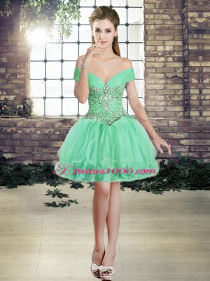 Glamorous Apple Green Ball Gowns Tulle Off The Shoulder Sleeveless Beading and Ruffles Mini Length Lace Up Junior Homecoming Dress