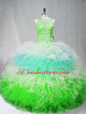 Gorgeous Multi-color Ball Gowns Scoop Sleeveless Tulle Floor Length Zipper Beading and Ruffles Sweet 16 Quinceanera Dress