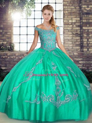 Pretty Beading and Embroidery 15th Birthday Dress Turquoise Lace Up Sleeveless Floor Length
