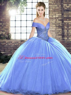 Gorgeous Lavender Off The Shoulder Lace Up Beading Sweet 16 Quinceanera Dress Brush Train Sleeveless