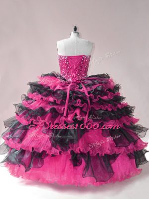 Modern Organza Sweetheart Sleeveless Lace Up Beading and Ruffled Layers Ball Gown Prom Dress in Pink And Black