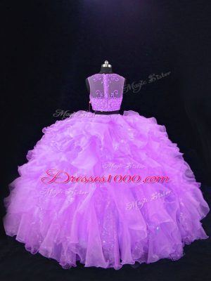 Nice Lavender Organza Zipper Quinceanera Dress Sleeveless Floor Length Beading and Ruffles