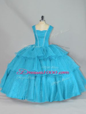 Organza Straps Sleeveless Lace Up Beading and Ruffled Layers Quinceanera Gown in Aqua Blue
