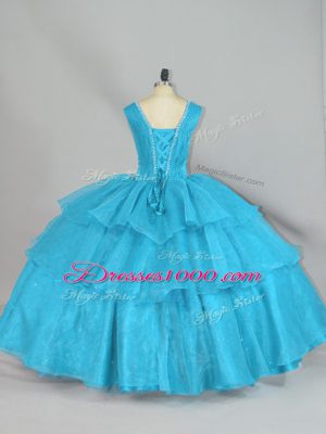 Organza Straps Sleeveless Lace Up Beading and Ruffled Layers Quinceanera Gown in Aqua Blue