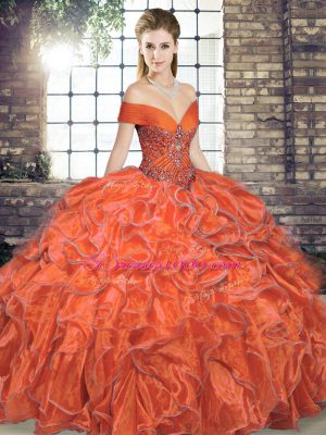 Great Orange Red Off The Shoulder Neckline Beading and Ruffles Sweet 16 Quinceanera Dress Sleeveless Lace Up