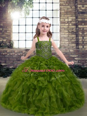 Nice Olive Green Ball Gowns Beading and Ruffles High School Pageant Dress Lace Up Organza Sleeveless Floor Length