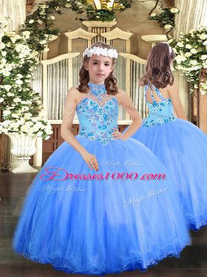 Attractive Halter Top Sleeveless Lace Up Little Girl Pageant Gowns Blue Tulle