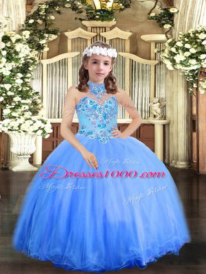 Attractive Halter Top Sleeveless Lace Up Little Girl Pageant Gowns Blue Tulle