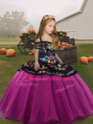 Sleeveless Organza Floor Length Side Zipper Pageant Dress Toddler in Fuchsia with Embroidery