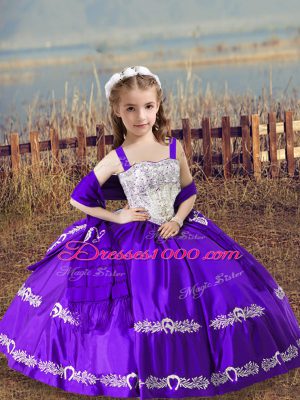 Affordable Purple Satin Lace Up Kids Formal Wear Sleeveless Floor Length Beading and Embroidery