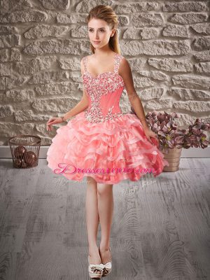 Straps Sleeveless 15th Birthday Dress Court Train Beading and Ruffled Layers Watermelon Red Organza