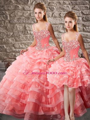 Straps Sleeveless 15th Birthday Dress Court Train Beading and Ruffled Layers Watermelon Red Organza