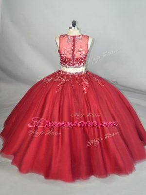 Wonderful Red Zipper Scoop Beading and Appliques Sweet 16 Dresses Tulle Sleeveless