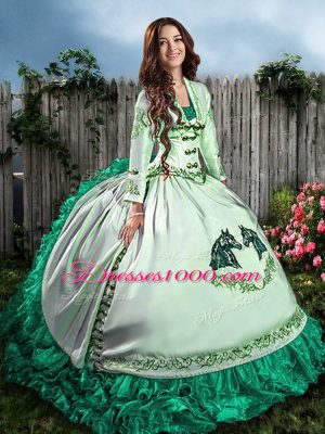 Custom Designed Sleeveless Satin and Organza Floor Length Lace Up Sweet 16 Dress in Turquoise with Embroidery and Ruffles
