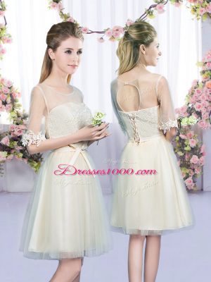 Champagne Scoop Neckline Lace and Bowknot Dama Dress for Quinceanera Half Sleeves Lace Up