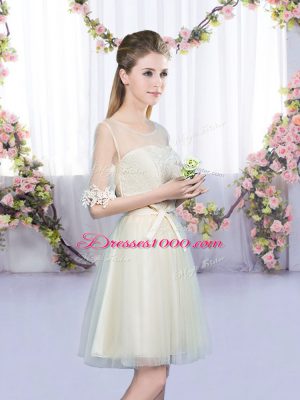 Champagne Scoop Neckline Lace and Bowknot Dama Dress for Quinceanera Half Sleeves Lace Up