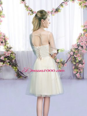 Champagne Scoop Neckline Lace and Bowknot Dama Dress for Quinceanera Half Sleeves Lace Up