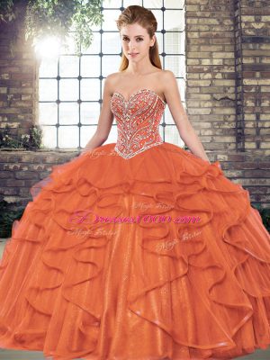 Hot Sale Sleeveless Floor Length Beading and Ruffles Lace Up Sweet 16 Dress with Rust Red