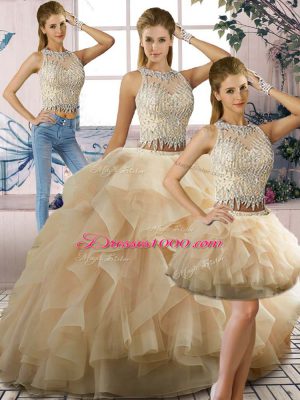 Designer Champagne 15th Birthday Dress Sweet 16 and Quinceanera with Beading and Ruffles Scoop Sleeveless Zipper
