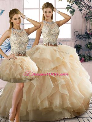 Designer Champagne 15th Birthday Dress Sweet 16 and Quinceanera with Beading and Ruffles Scoop Sleeveless Zipper