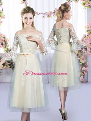 Top Selling Sleeveless Lace and Belt Lace Up Bridesmaid Dress