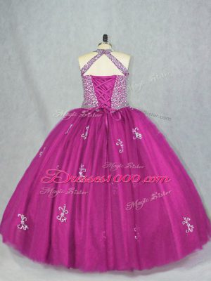 Pretty Fuchsia Lace Up Halter Top Beading and Appliques Quince Ball Gowns Tulle Sleeveless