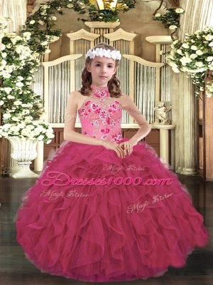 Hot Sale Halter Top Sleeveless Organza Little Girls Pageant Dress Appliques and Ruffles Lace Up