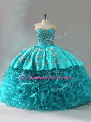 Aqua Blue Fabric With Rolling Flowers Lace Up Sweetheart Sleeveless Sweet 16 Quinceanera Dress Brush Train Embroidery and Ruffles