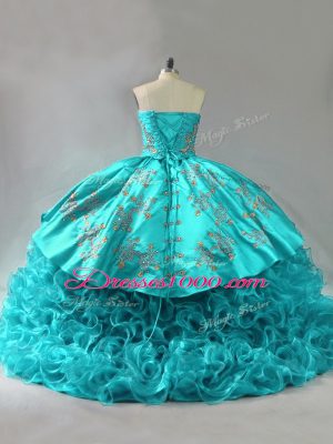 Aqua Blue Fabric With Rolling Flowers Lace Up Sweetheart Sleeveless Sweet 16 Quinceanera Dress Brush Train Embroidery and Ruffles