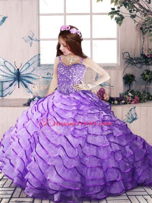 Lavender Ball Gowns Straps Sleeveless Organza Brush Train Lace Up Beading and Ruffled Layers Pageant Dresses