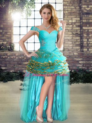 Traditional Aqua Blue Sleeveless Beading and Ruffled Layers High Low Teens Party Dress