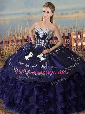 Purple Ball Gowns Organza Sweetheart Sleeveless Embroidery and Ruffles Floor Length Lace Up Vestidos de Quinceanera