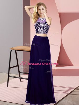 Nice Floor Length Backless Prom Gown Purple for Prom and Party with Beading