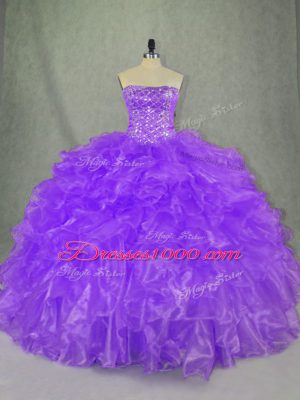 Custom Designed Ball Gowns Quince Ball Gowns Purple Strapless Organza Sleeveless Floor Length Lace Up