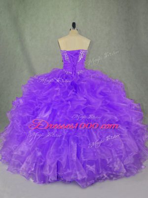 Custom Designed Ball Gowns Quince Ball Gowns Purple Strapless Organza Sleeveless Floor Length Lace Up