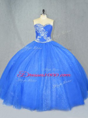 High Quality Blue Tulle Lace Up Quinceanera Gown Sleeveless Floor Length Beading