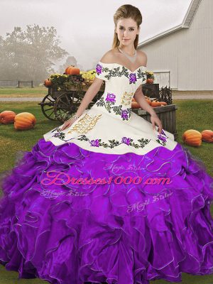 Comfortable Sleeveless Organza Floor Length Lace Up Quinceanera Gowns in White And Purple with Embroidery and Ruffles