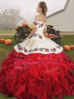 Comfortable Sleeveless Organza Floor Length Lace Up Quinceanera Gowns in White And Purple with Embroidery and Ruffles