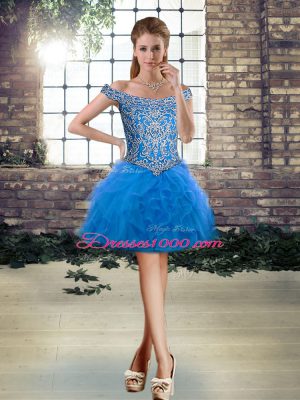 New Arrival Blue Tulle Lace Up Dress for Prom Sleeveless Mini Length Beading and Ruffles