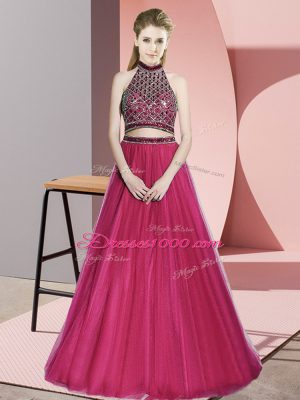 Hot Pink A-line Beading Prom Dress Backless Tulle Sleeveless