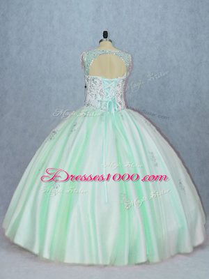 Fashion Apple Green Ball Gowns V-neck Sleeveless Tulle Floor Length Lace Up Beading and Appliques 15 Quinceanera Dress