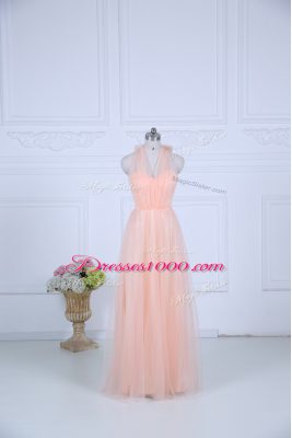 Designer Floor Length Peach Bridesmaid Gown Halter Top Sleeveless Zipper